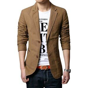 Men's Khaki Slim 2-Button Single Breasted Cotton Lightweight Blazer Jacket Sport